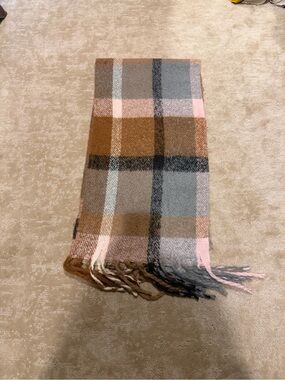 Checked Fringe Scarf in Brown, Gray & Pink